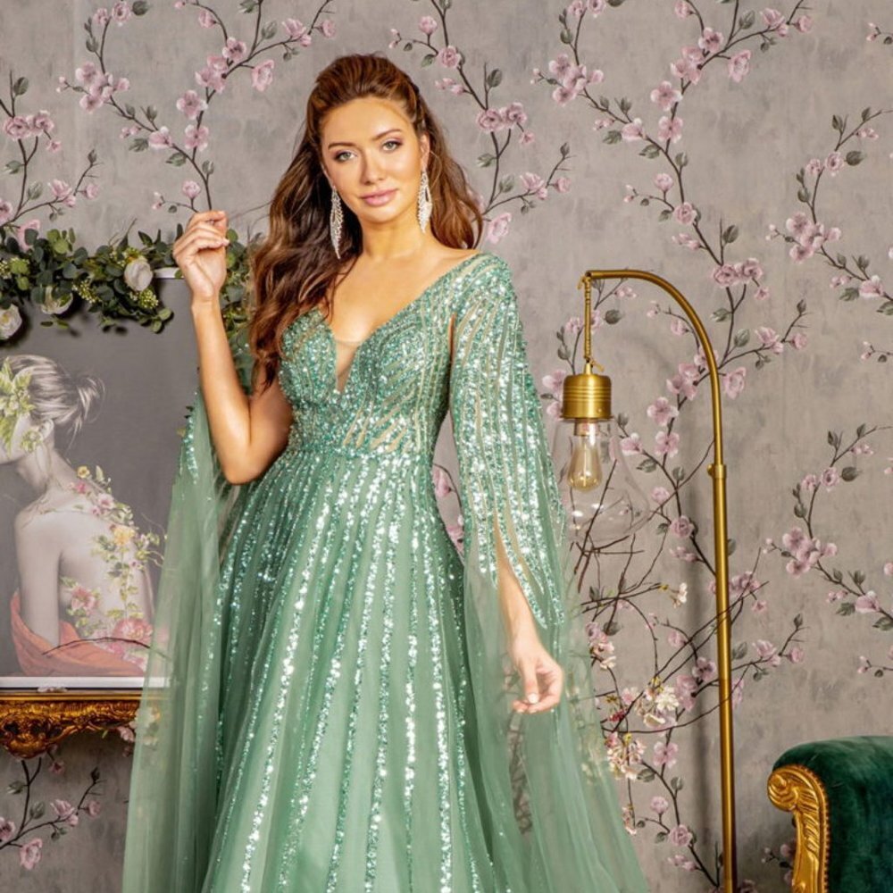 NEW LONG A-LINE MESH FOMRAL DRESS EMBROIDERED WITH SEQUINS & SIDE CAPES GL3494